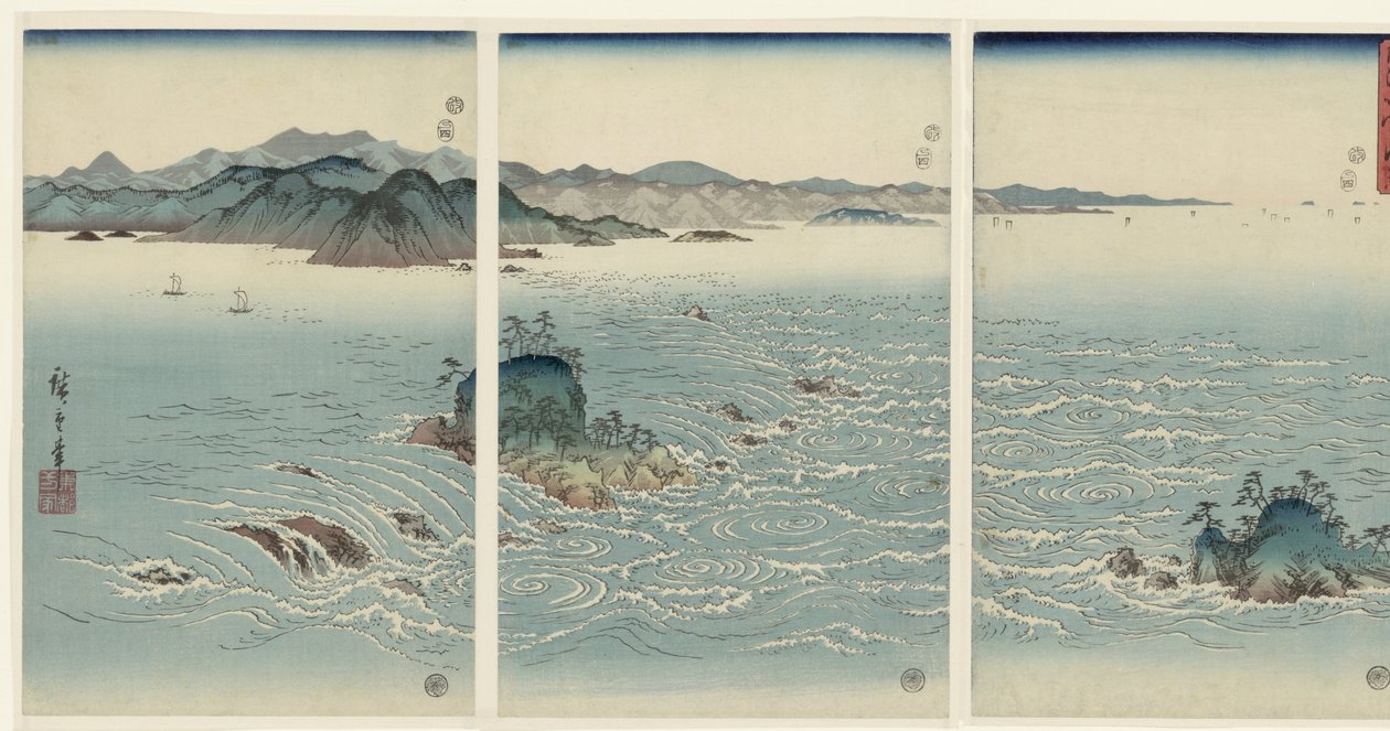 Utsikt över bubbelpoolerna vid Naruta i Awa-provinsen Awa Naruto no fukei (titel på objekt) Snow, Moon and Flowers (serietitel) Setsugekka (serietitel) av Hiroshige (I) , Utagawa