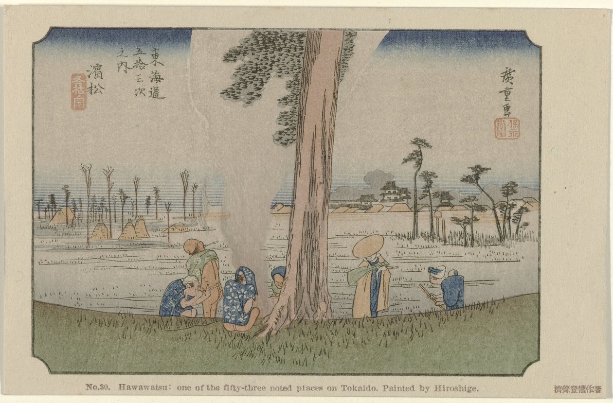 Hamamatsu Nr 30. Hawawatsu: en av de femtiotre uppmärksammade platserna på Tokaido, målad av Hiroshige De Tôkaidô van Hiroshige (serietitel) Hiroshige no fude Tôkaidô (serietitel på objekt) av Hiroshige (I) , Utagawa