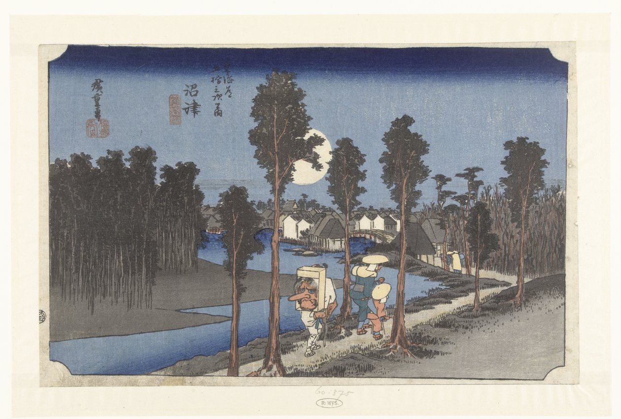 Numazu in de avondschemering Numazu tasogare no zu (titel på objekt) De 53 stations van de Tokaido (serietitel) Tokaido gojusan tsugi no uchi (serietitel på objekt) av Hiroshige (I) , Utagawa