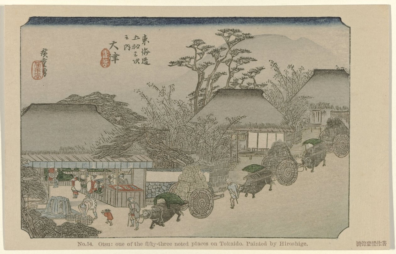 Otsu Nr 54. Otsu: en av de femtiotre uppmärksammade platserna på Tokaido, målad av Hiroshige (titel på objektet) De Tôkaidô van Hiroshige (serietitel) Hiroshige no fude Tôkaidô (serietitel på objekt) av Hiroshige (I) , Utagawa