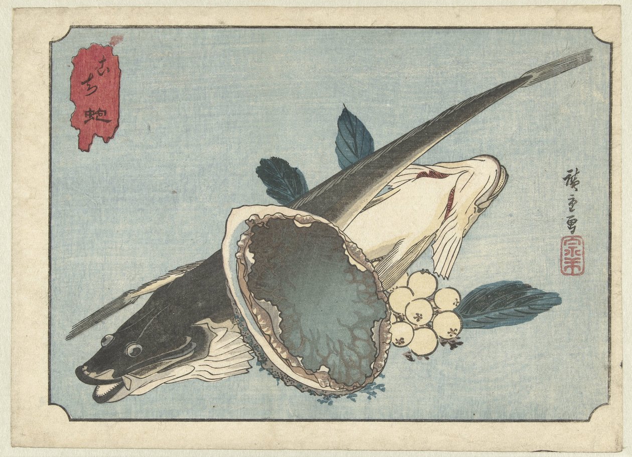 Plattfisk, abalone och bär Kochi awabi (titel på objekt) av Hiroshige (I) , Utagawa