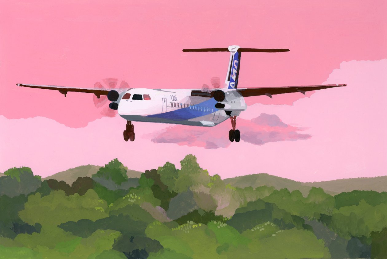 Flygplan som landar på ett litet flygfält, 2015 (gouache på papper) av Hiroyuki Izutsu