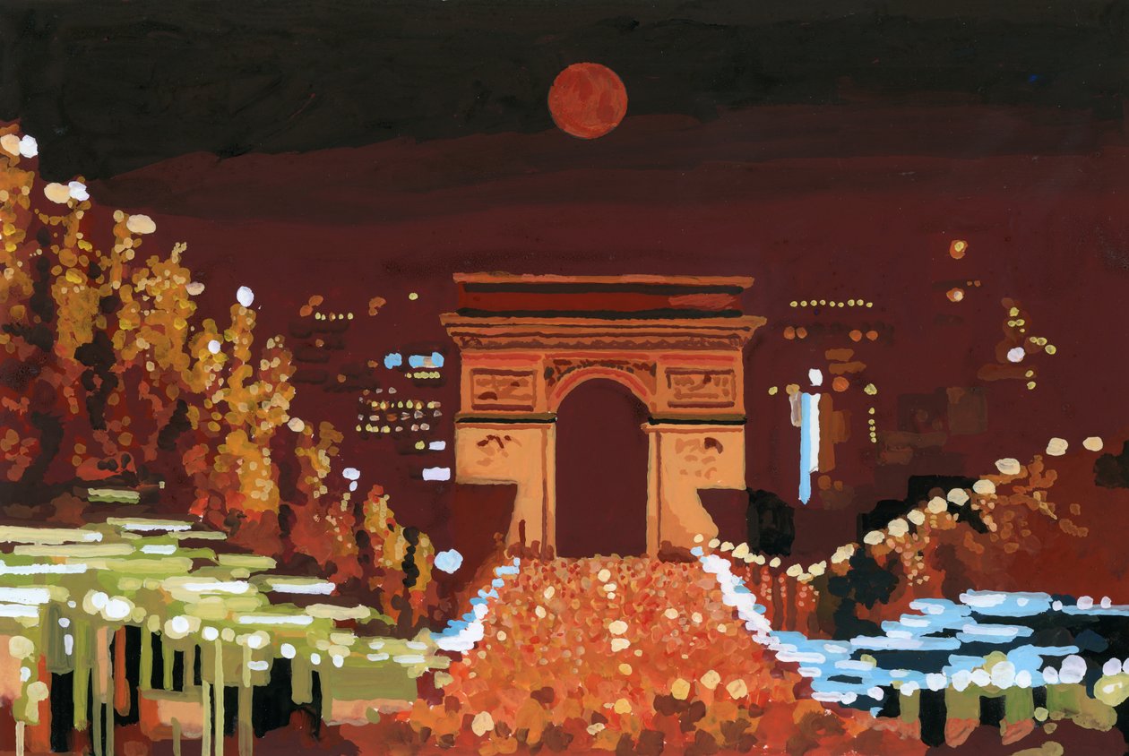 Triumfbågen och Champs Elysées på natten, 2015 (gouache på papper) av Hiroyuki Izutsu