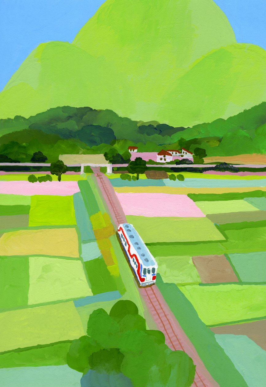 Stort grönt berg och risfält av Hiroyuki Izutsu