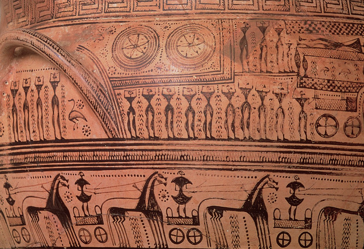 Attisk geometrisk krater, från Dipylon, 750-735 f.Kr. (keramik) (detalj av Hirschfeld painter