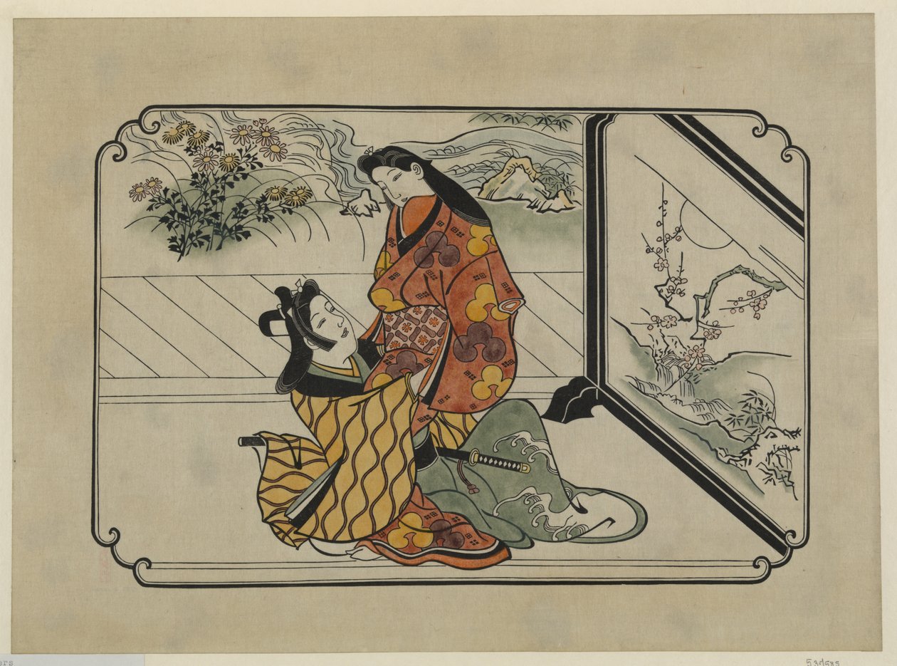 Handfärgat ukiyo-e-tryck Två älskare omfamnar framför en målad skärm av Hishikawa Moronobu