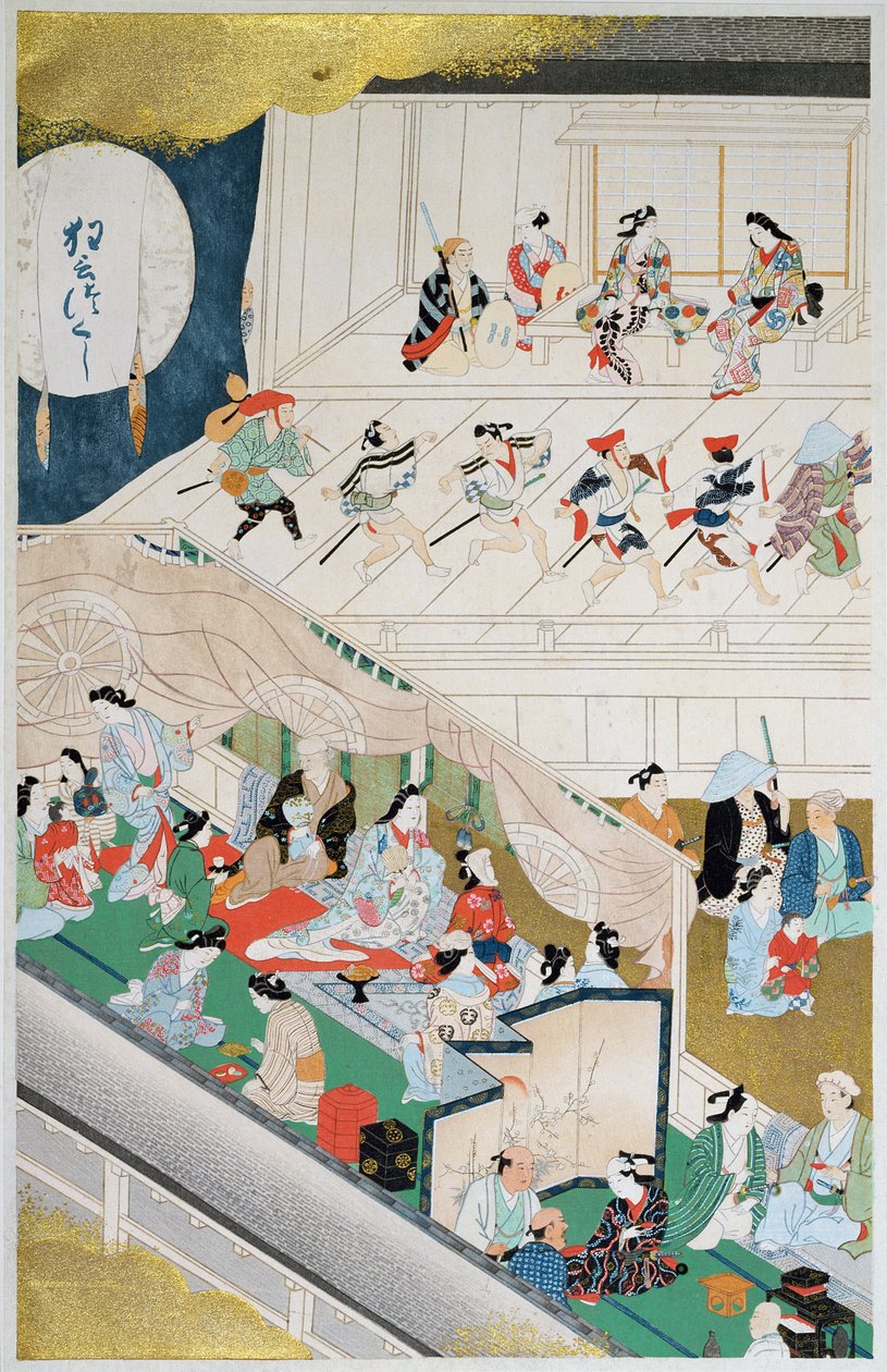 Scen av japansk folkteater under Genroku-perioden (1688-1704), illustration från tidningen Kokka, augusti 1908. av Hishikawa Moronobu