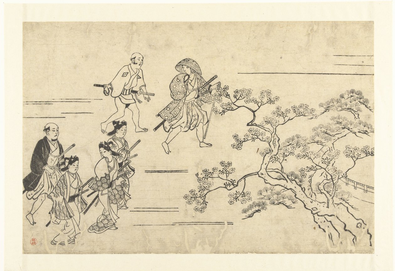 Fem adelsmän och en tjänare på väg till en picknick Titta på Cherry Blossoms in Ueno (serietitel) Ueno hanami no tei (serietitel) av Hishikawa Moronobu (attributed to)