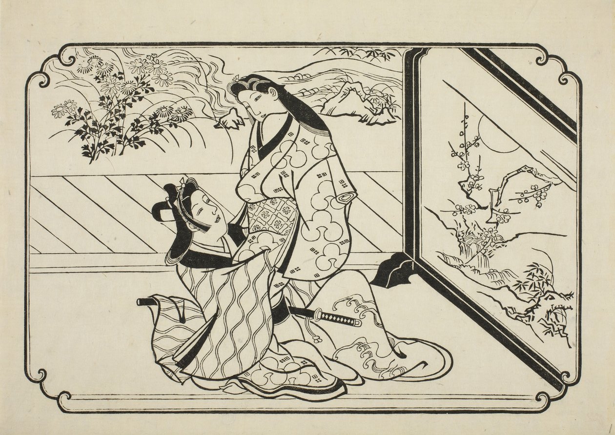 Bakom skärmen, ca 1673-81 av Hishikawa Moronobu