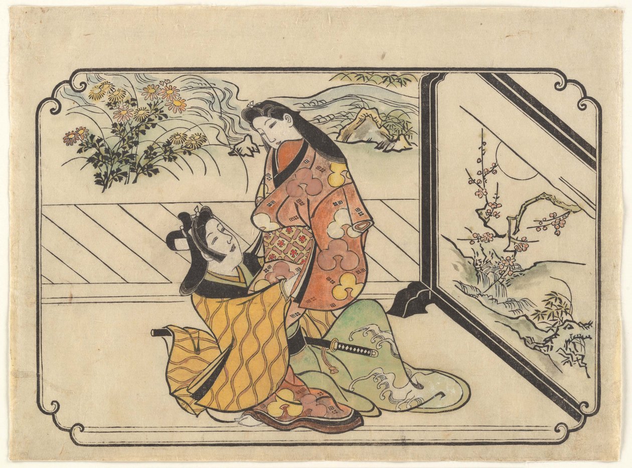 Kurtisan med en ung man (Wakashu) bredvid en skärm av Hishikawa Moronobu