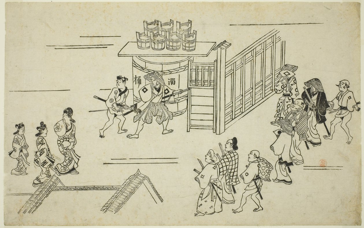 Entranse till Ageyacho, från seriens "Tee Apperanse Of Yoshiwara (Yoshiwara no Tei)", ca. 1681-84 (Odbocktryck; Sumizurie, Oban) av Hishikawa Moronobu