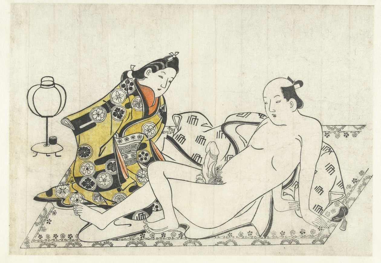 Ung kvinna och naken man på matta av Hishikawa Moronobu