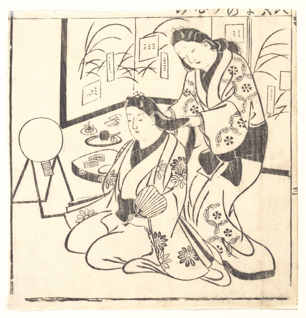 Blad ur en bok med titeln: Wakoku Hyakujo, hundra japanska kvinnor av Hishikawa Moronobu