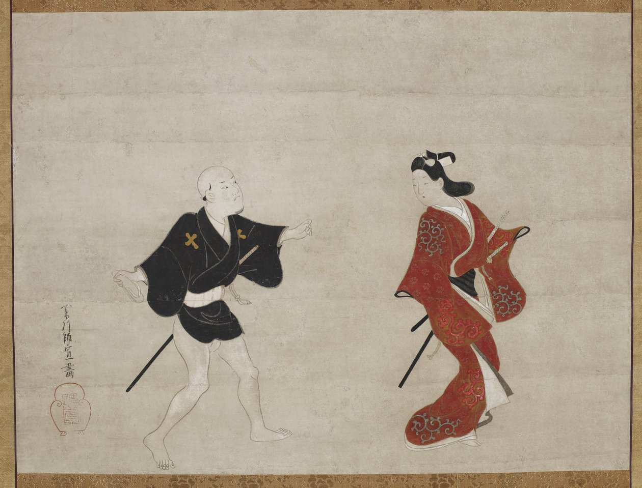 Nikuhitsu ukiyo-e: Unga samurajer och en tjänare som Mitate av Huanshigong och Zhang Lian, ca. 1690 av Hishikawa Moronobu