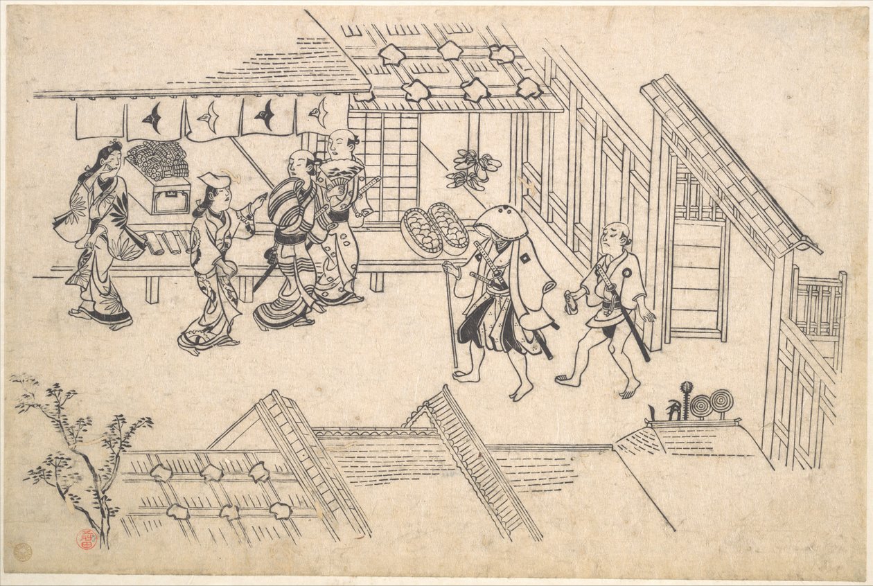 Ingången till Ageya-machi, ur serien "Scener i Yoshiwara (Yoshiwara no tei)" av Hishikawa Moronobu