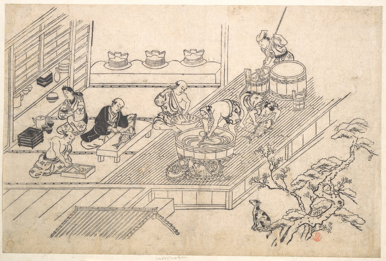 Köket i en Joroya av Hishikawa Moronobu
