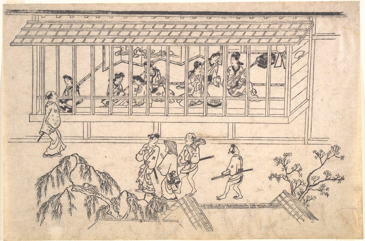 Den sjätte scenen ur Scener från nöjeskvarteret Yoshiwara i Edo av Hishikawa Moronobu