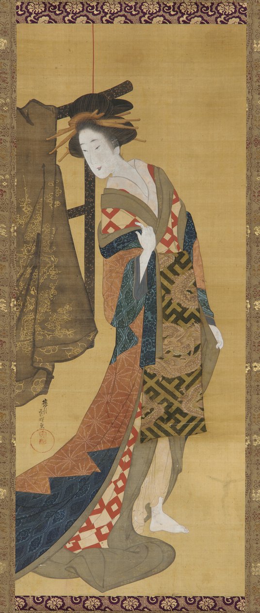 En kurtisan som står nära ett klädställ, Edo-period, tidigt 1800-tal. av Hishikawa Sori
