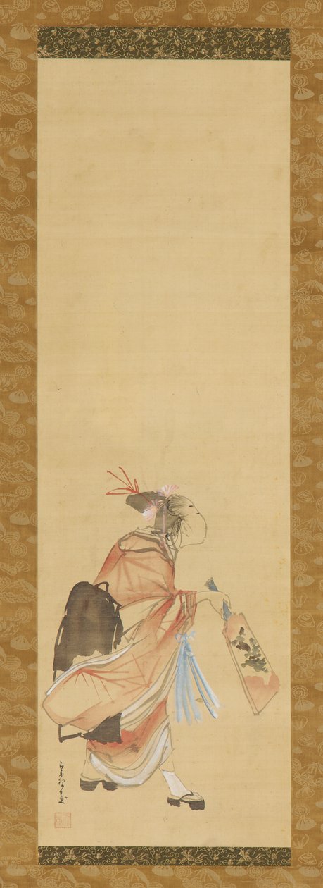Flicka som leker battledore och fjäderboll, 1615-1868. av Hishikawa Sori