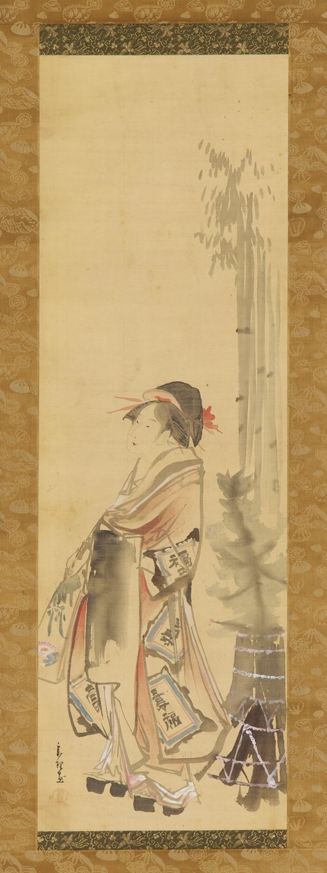 Flicka som leker battledore och fjäderboll, 1615-1868. av Hishikawa Sori