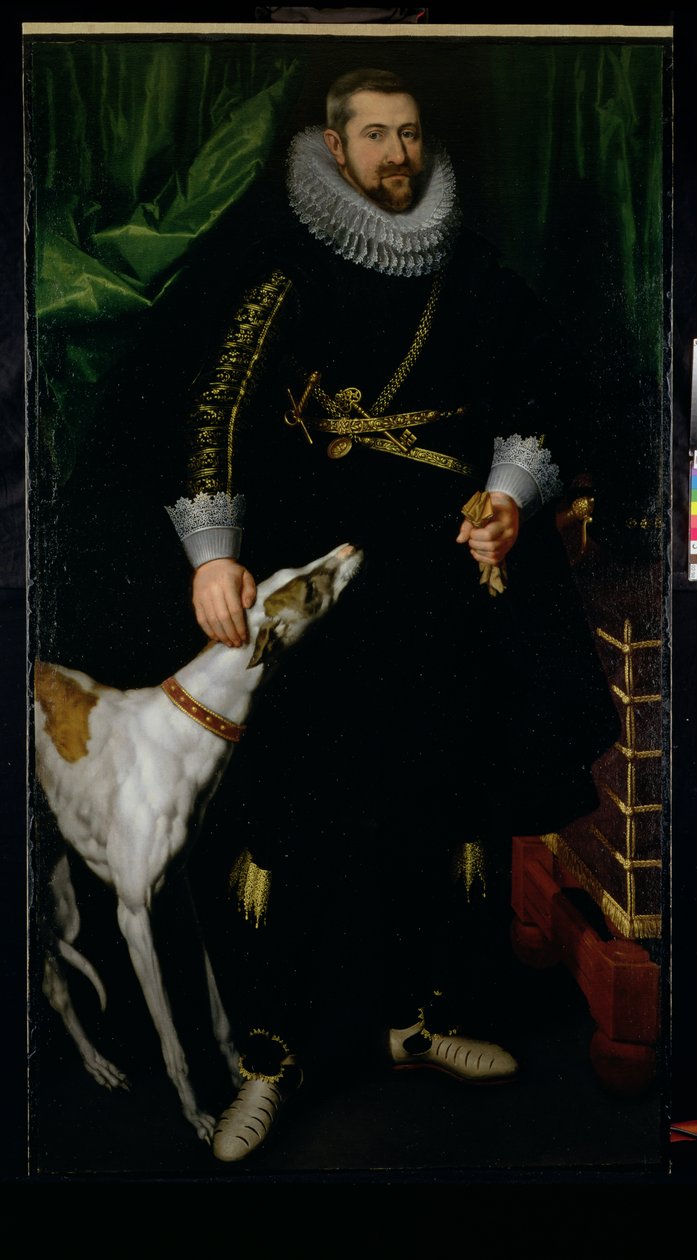 Porträtt av en gentleman som sägs vara från familjen Coudenhouve i Flandern, ca 1610-20 (par 121430) av Hispano Flemish School