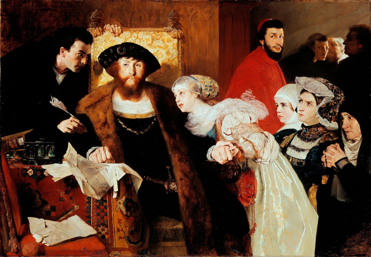 "Christian II Signing the Death Warrant of Torben Oxe in 1517" (Christian II Signing the Death Warrant of Torben Oxe) Målning av Eilif Peterssen (1852-1928) - 1876 - Olja på duk - Storlek 141,5x200 cm National Museum of A av Hjalmer Eilif Emanuel Peterssen