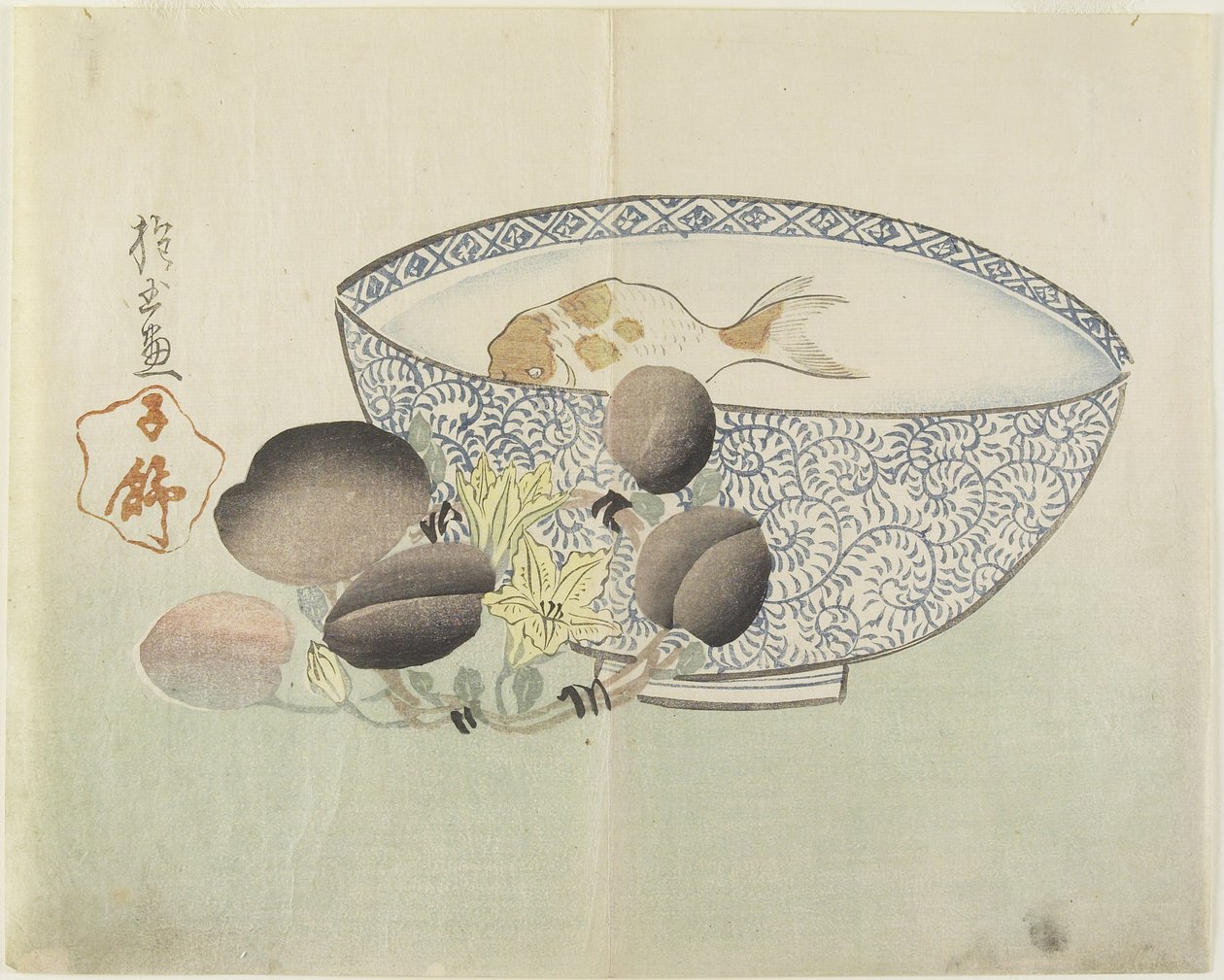 (Fisk i vattenskål, blommande gren med frukt), 1830-talet av Hogyoku