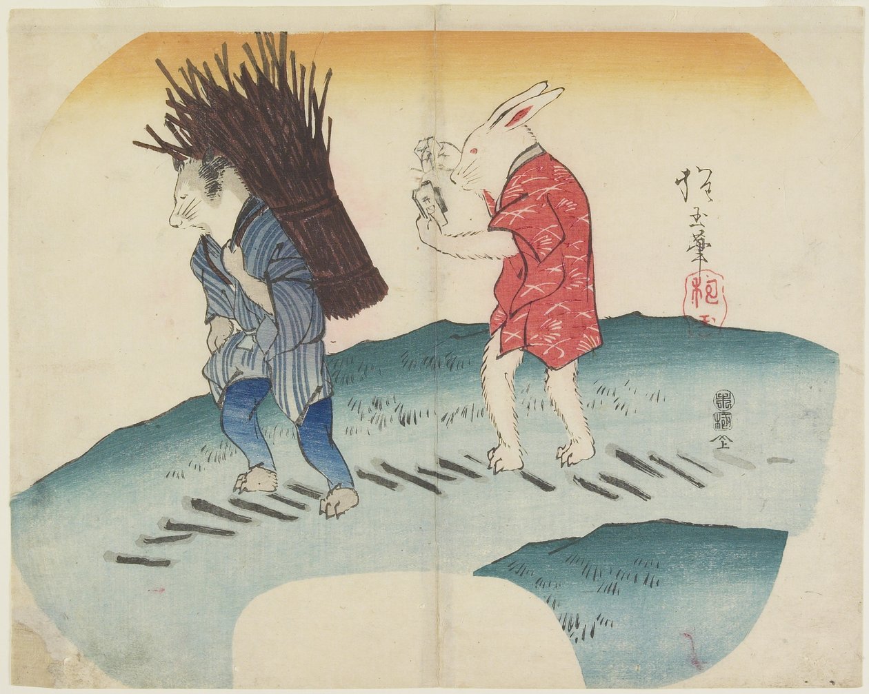 (Kanin sätter eld på veden som bärs av tvättbjörnen), 1835 av Hogyoku