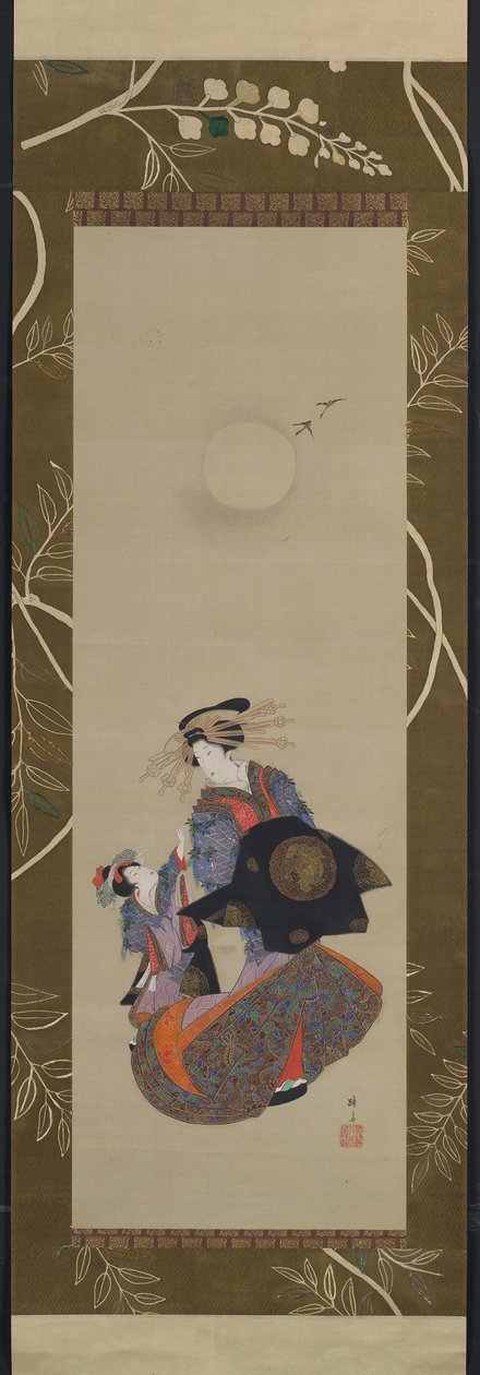 Beauty of the Yoshiwara med Apprentice in Moonlight, 1800-talet. av Hokuba