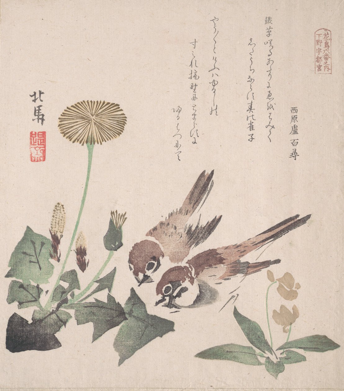 Spring Rain Collection Harusame shu, vol. 3: Sparvar och maskrosor, ca. 1820., ca. 1820. av Hokuba