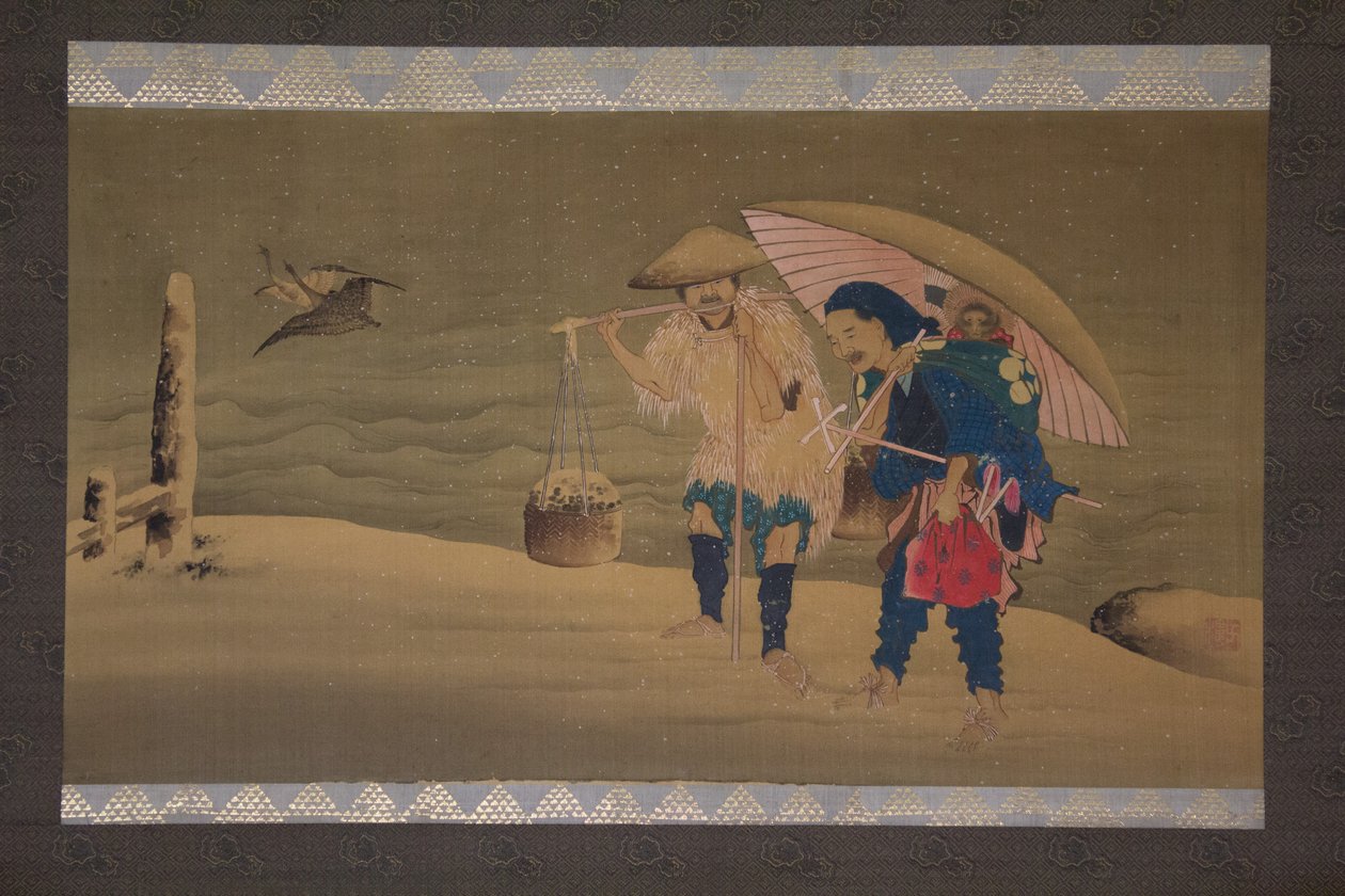 Monkey Showman och Porter in the Snow, 1800-talet. av Hokuga