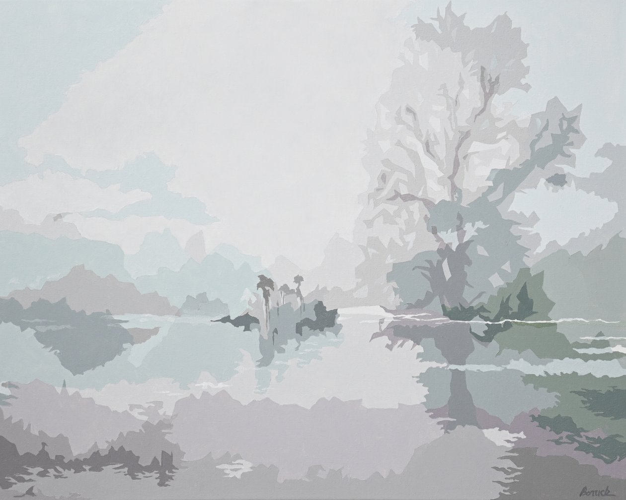 Misty Morning, 2024 (olja på duk) av Holly Boruck