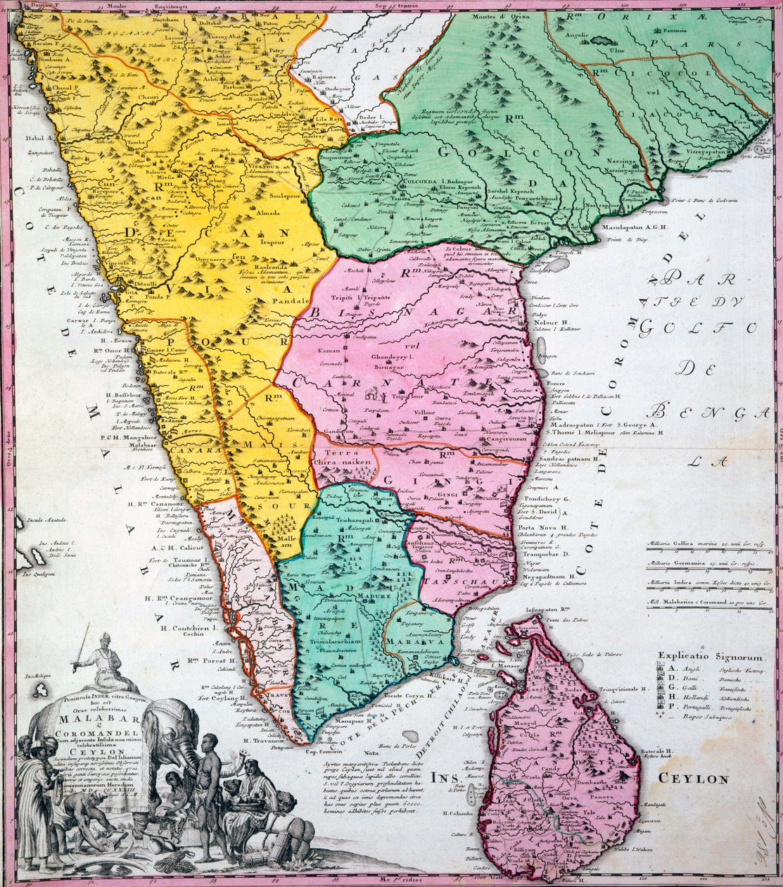 Karta över den indiska halvön, 1733 (handfärgad gravyr) av Homann Heirs Company