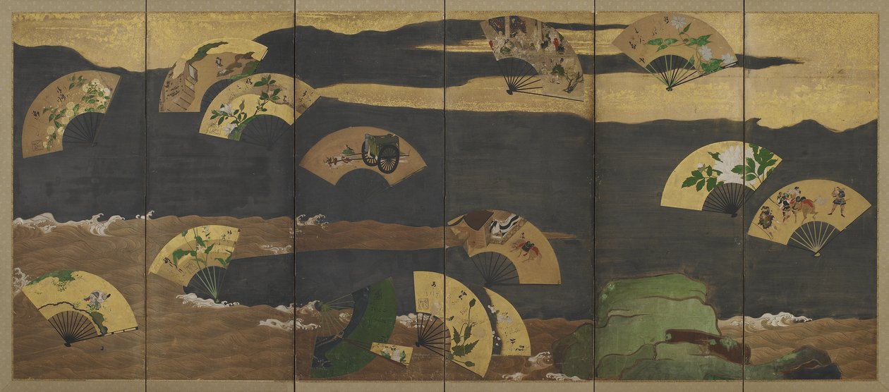 Fläktar och moln över stenar och vatten, Edo-period (bläck, färg, guld och silver på papper) av Hon