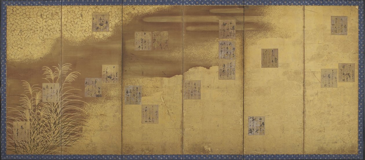Blommor, gräs, en bambugardin och 18 dekorerade och inskrivna diktpapper, Edo-period (guld och lätt färg på papper) av Hon