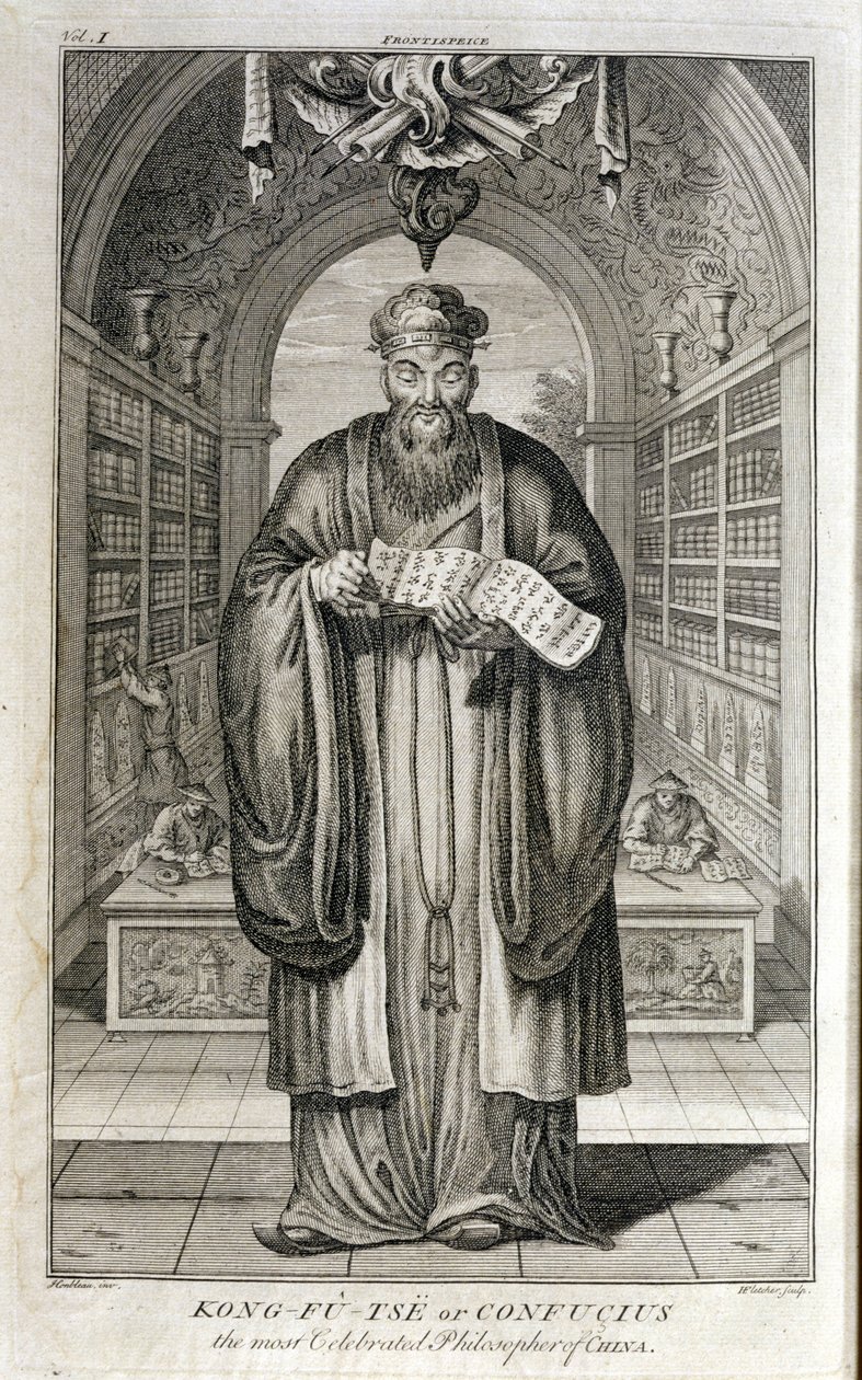 Kong-Fu-Tse, eller Konfucius, Kinas mest berömda filosof, graverad av Henry Fletcher (fl.1729) av Honbleau