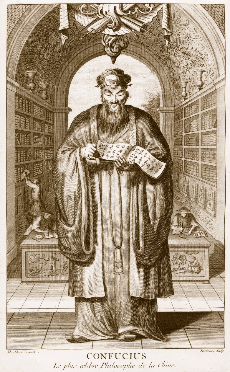 Kong-Fu-Tse, eller Konfucius, Kinas mest berömda filosof, graverad av Henry Fletcher (fl.1729) av Honbleau