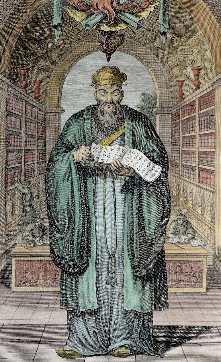 Kong-Fu-Tse, eller Konfucius, Kinas mest berömda filosof, graverad av Henry Fletcher (fl.1729) (senare färg) av Honbleau