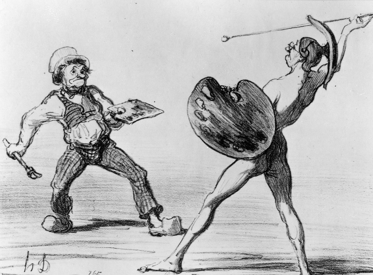 "Battle of the Schools - Idealism and Realism", illustration från serien "Fantaisies", publicerad i Charivari, 24 april 1855. av Honoré Daumier