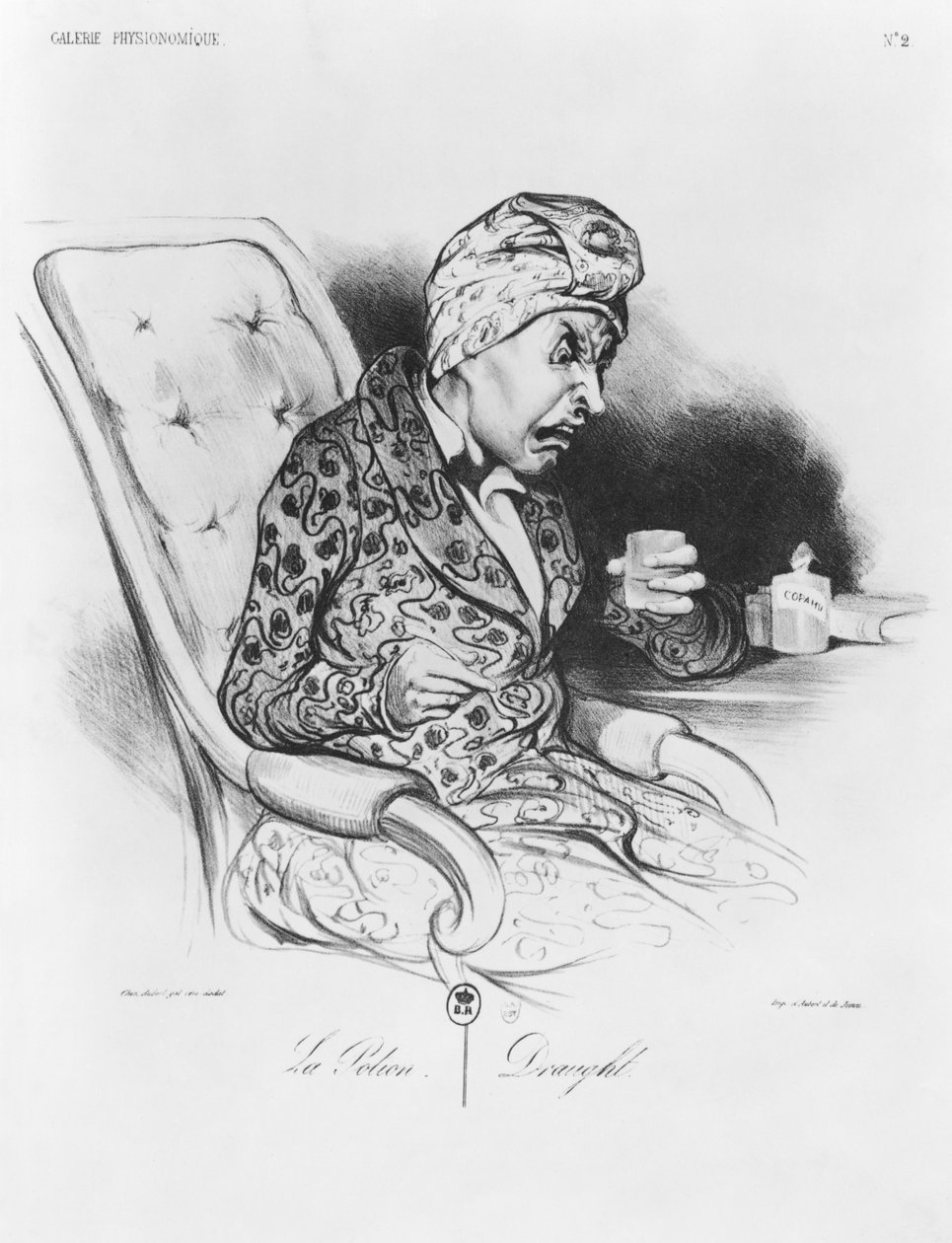La Potion, drag, från "Galerie physionomique", platta 2 från "Le Charivari", 19 november 1836. av Honoré Daumier