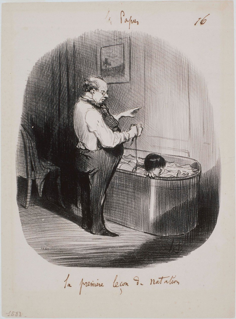 Les Papas- La première leçon de natation av Honoré Daumier