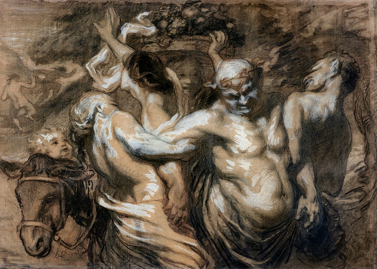 The Drunken Silenus (kol och kroppsfärg på papper) av Honoré Daumier
