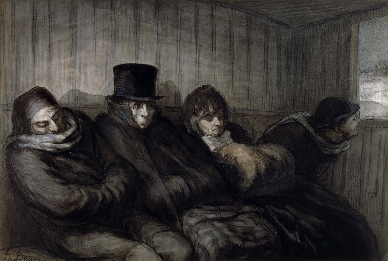 Andra klassens vagn, 1864 (wc, bläcktvätt och kol på papper) av Honoré Daumier