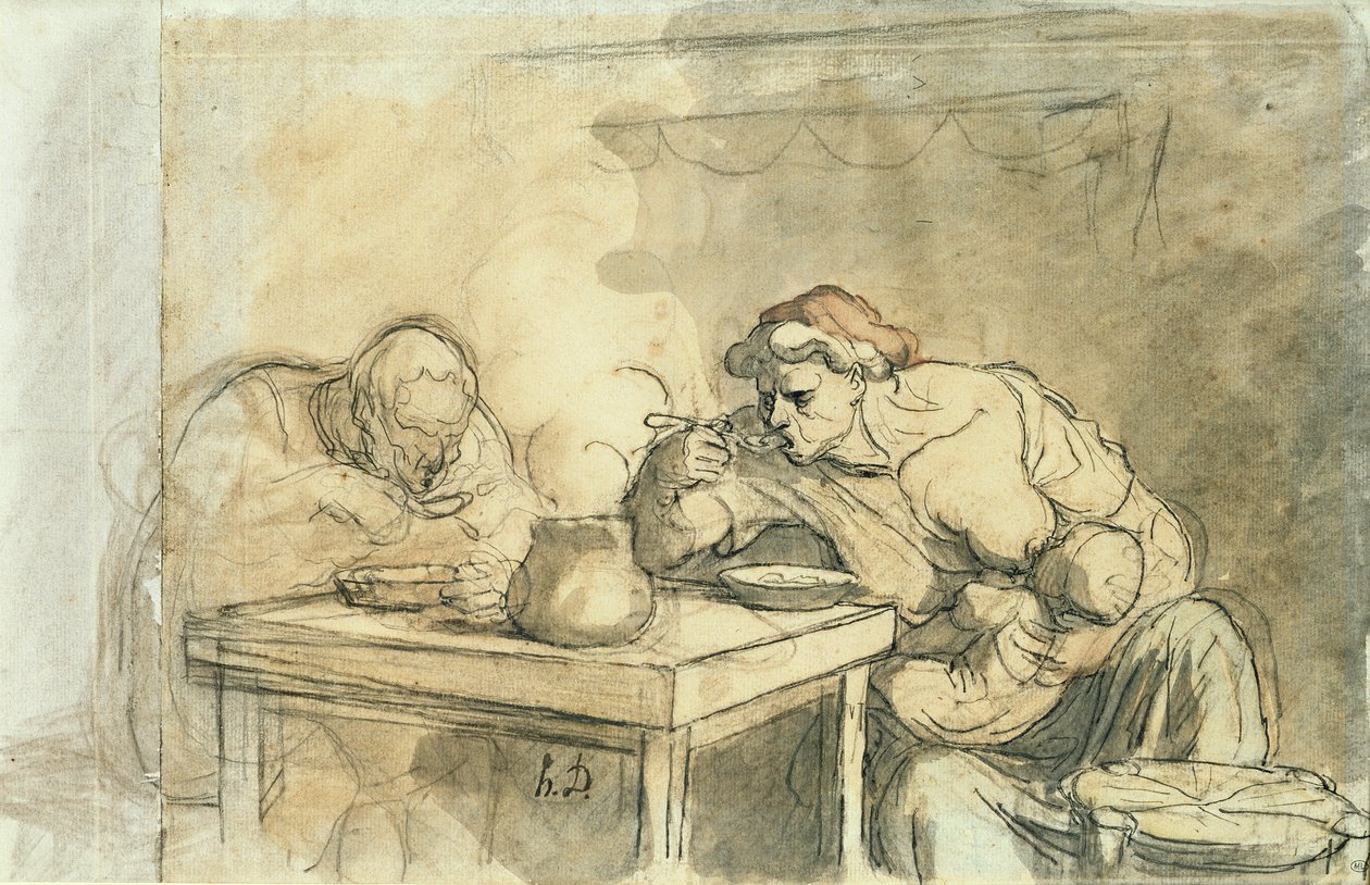 The Soup, ca 1862-65 (penna och bläck, wc och penna på papper) av Honoré Daumier