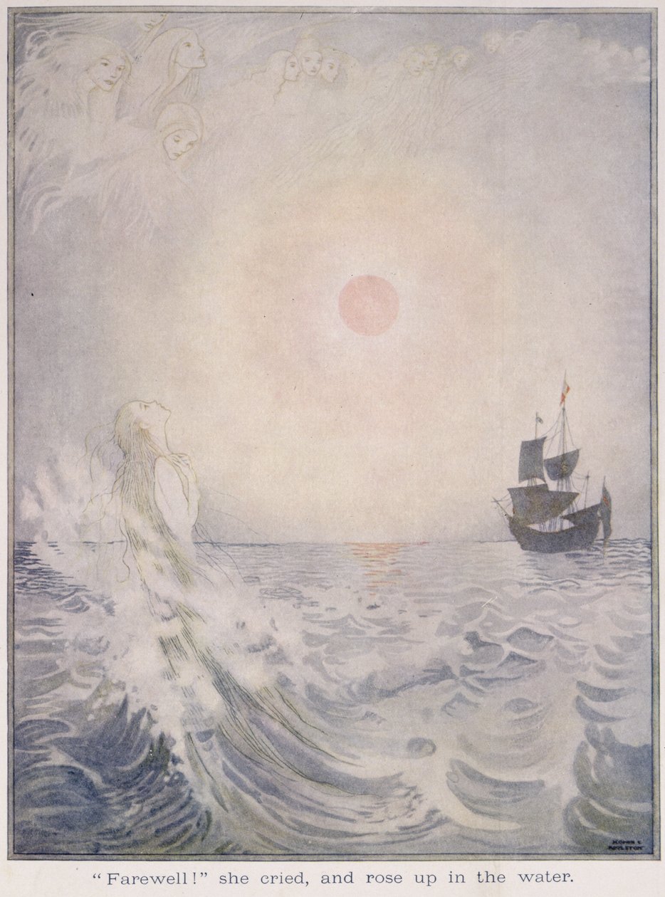 Farväl, hon grät och reste sig i vattnet, från "Den lilla sjöjungfrun" i en upplaga av "Sagor" av Hans Christian Andersen (1805-75) 1920 (akvarell på papper) av Honor Charlotte Appleton
