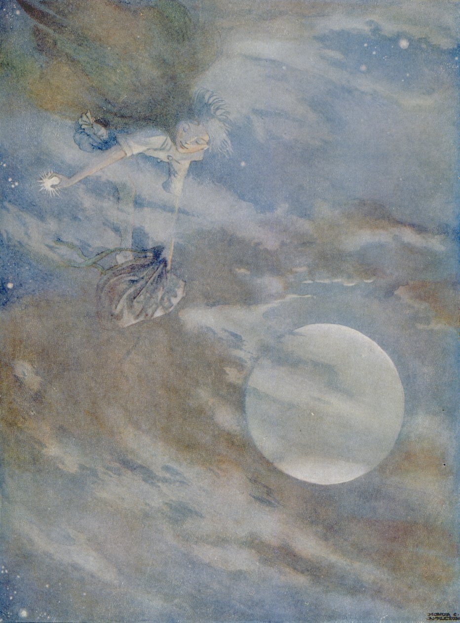 Jag måste hämta ner alla stjärnorna för att polera dem, från berättelsen om "Ole-Luk-Oie" i en upplaga av "Sagor" av Hans Christian Andersen (1805-75) 1920 (akvarell på papper) av Honor Charlotte Appleton