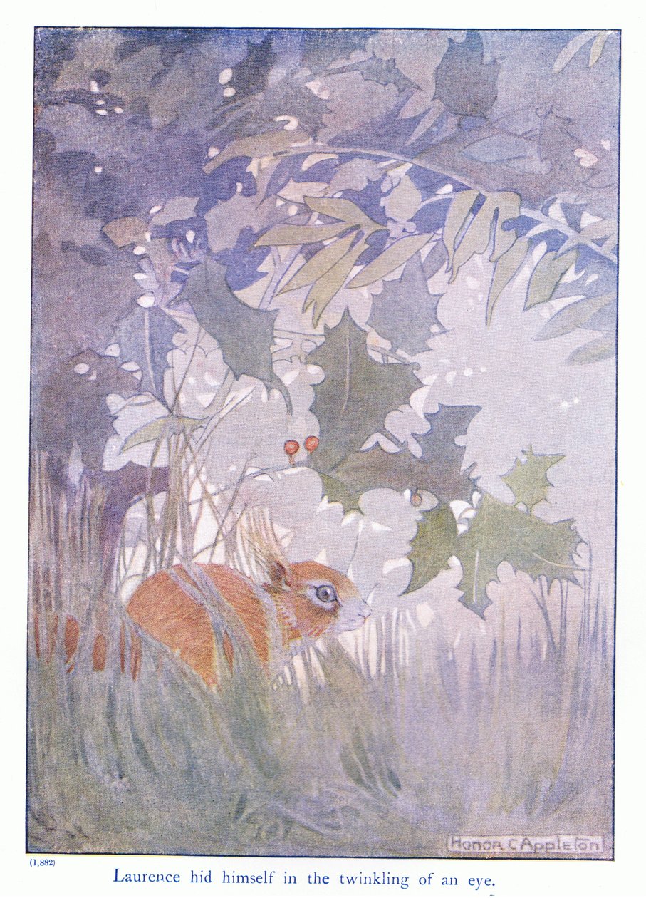 Laurence gömde sig på ett ögonblick, illustration från "More About the Squirrels" av Eleanor Tyrell, ca 1915 (färg litho) av Honor Charlotte Appleton