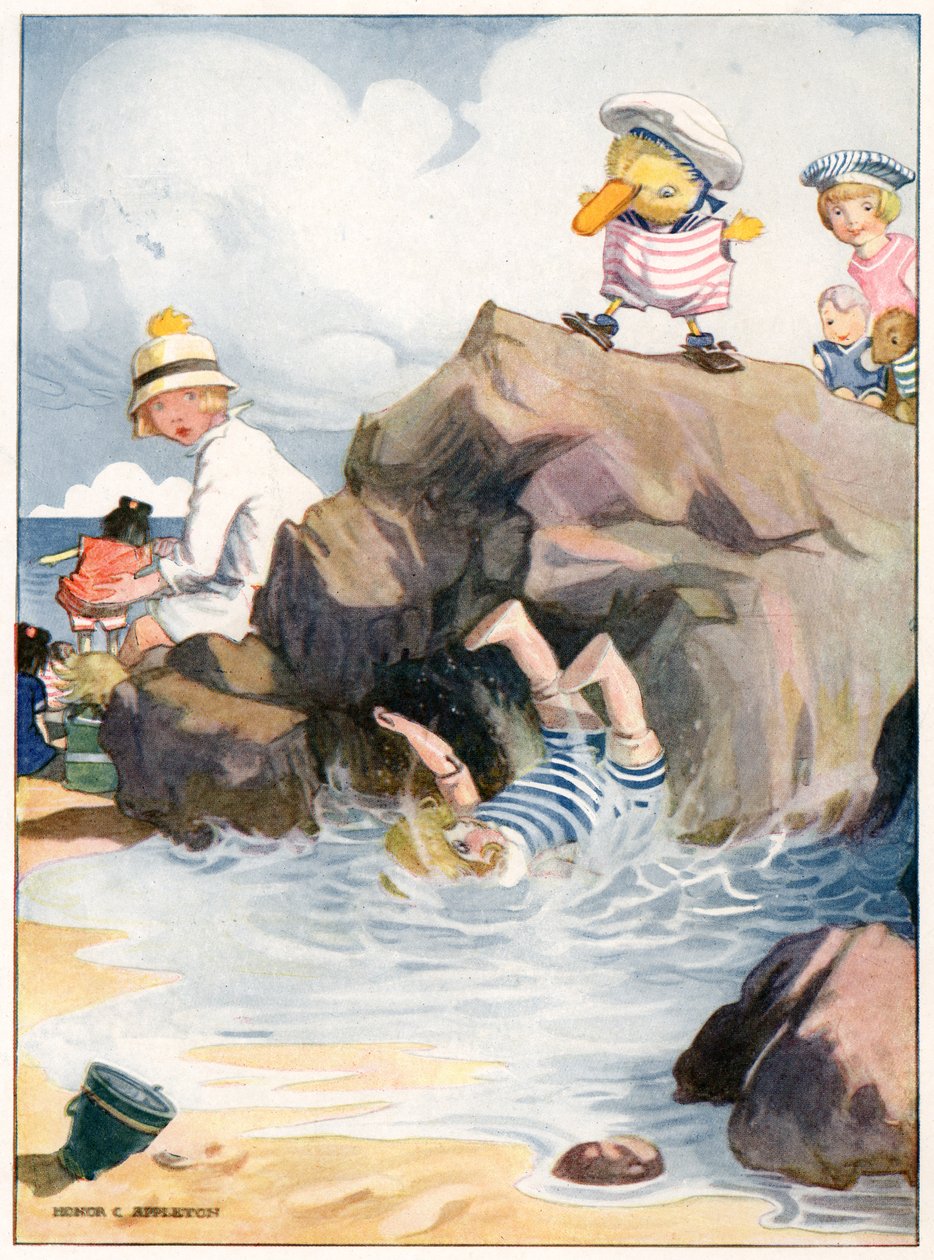 "Stackars Amy ramlade ner precis under havet", illustration från "Josephine is Busy", av H.C. Cradock, utgiven av Blackie & Son, Ltd. (färg litho) av Honor Charlotte Appleton