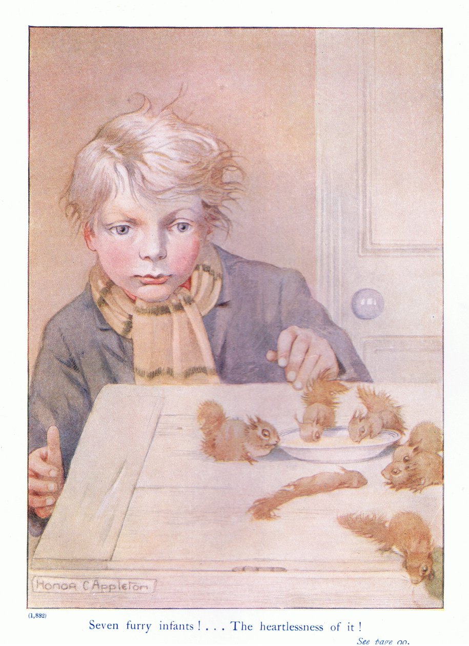 Sju lurviga spädbarn, illustration från "Mer om ekorrarna" av Eleanor Tyrell, ca 1915 (färg litho) av Honor Charlotte Appleton