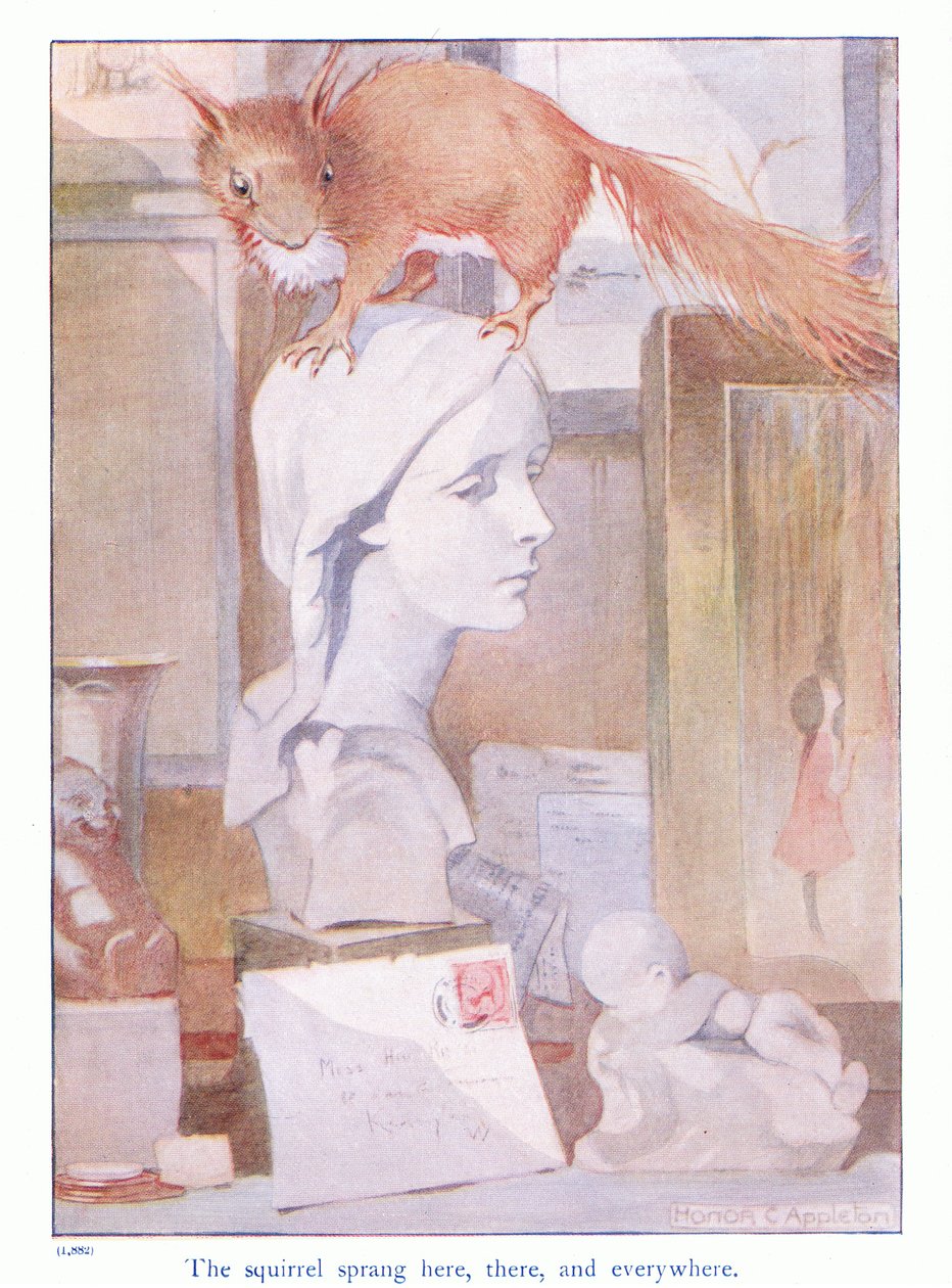 Ekorren sprang här, där och överallt, illustration från "Mer om ekorrarna" av Eleanor Tyrell, ca 1915 (färg litho) av Honor Charlotte Appleton